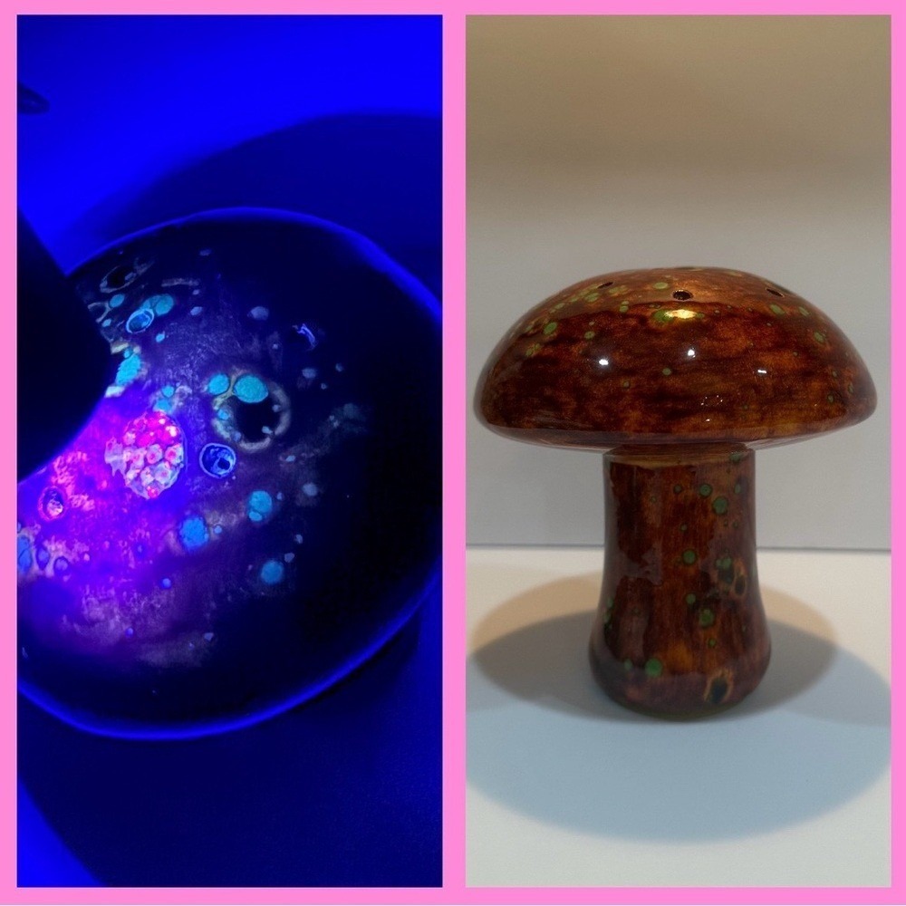 Vintage Pottery Mushroom Salt  Pepper Shaker Glaze UV Reactive Glows whimsical
